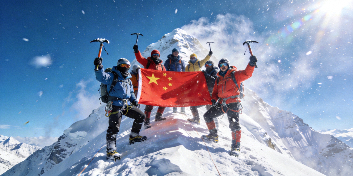 登山队成功登顶珠穆朗玛峰的壮丽场景