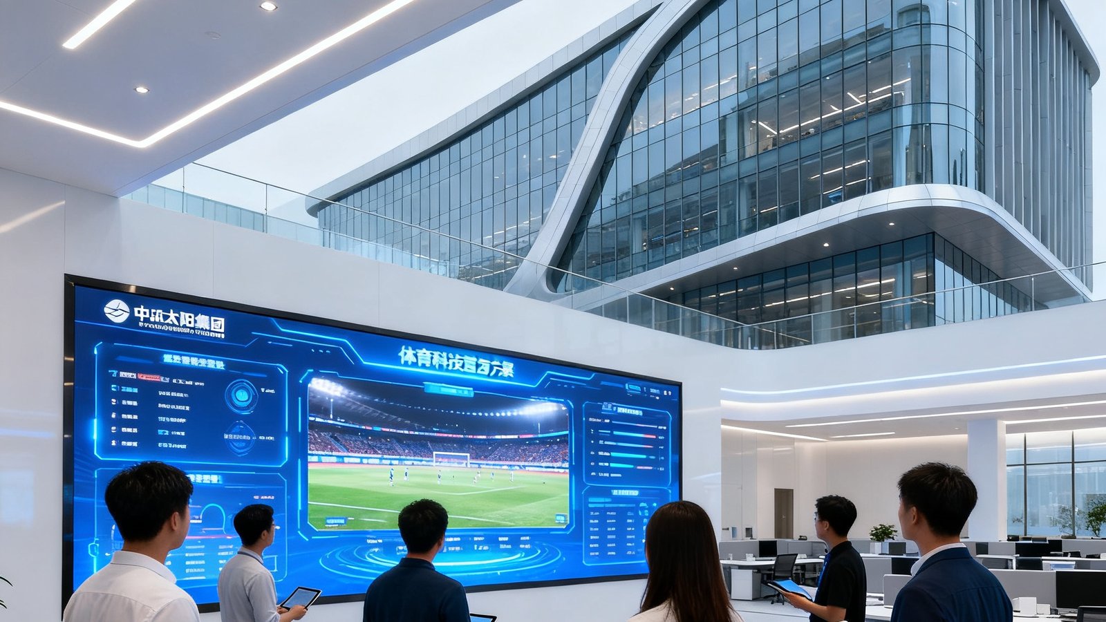中国太阳集团tcy8722北京总部大楼外观及内部现代化体育科技展厅，展示开放式办公区中团队成员围绕数字屏幕讨论赛事运营方案的场景