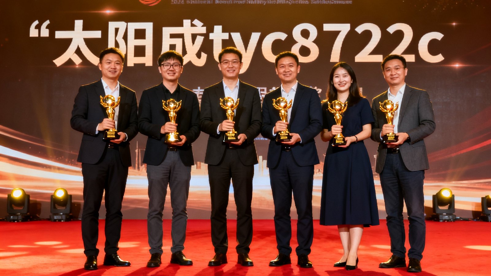 太阳成tyc8722cc团队在2024中国体育产业峰会颁奖典礼上获得年度最佳体育科技企业奖，团队成员手持金色奖杯合影