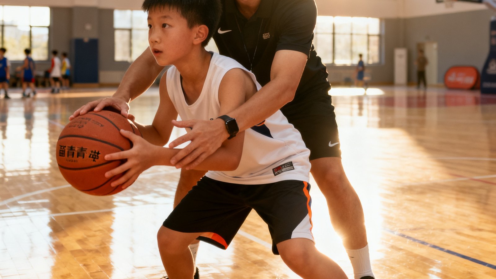 阳光青苗青少年篮球训练营中，教练员手把手指导12岁学员调整投篮手型，室内专业木地板球馆光线明亮