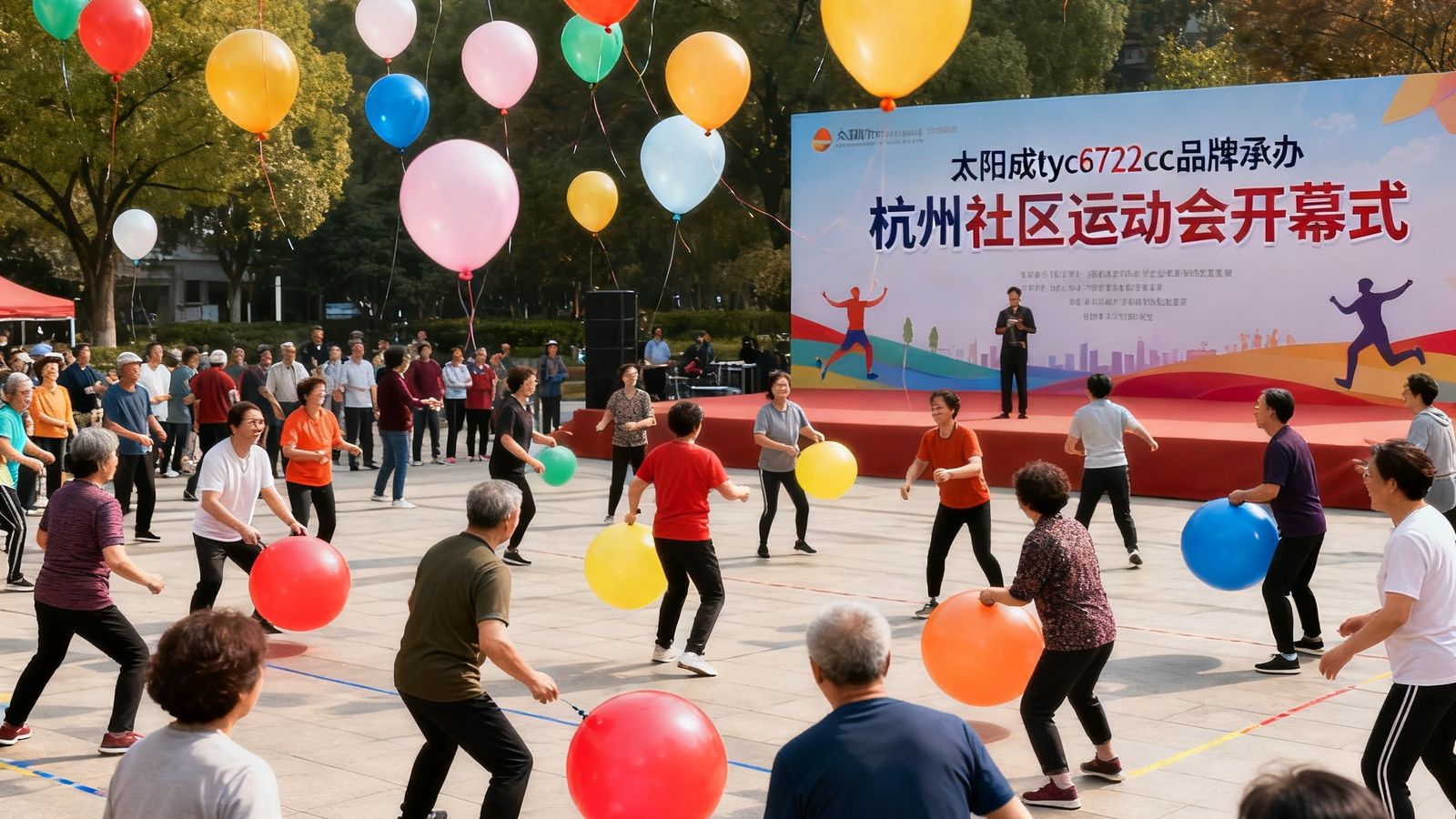 由太阳成tyc8722cc品牌承办的杭州社区运动会开幕式现场，彩色气球升空，数百名社区居民在广场上参与趣味运动项目